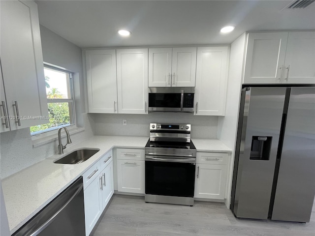 kitchen featuring light stone counters, white cabinetry, sink, and appliances with stainless steel finishes