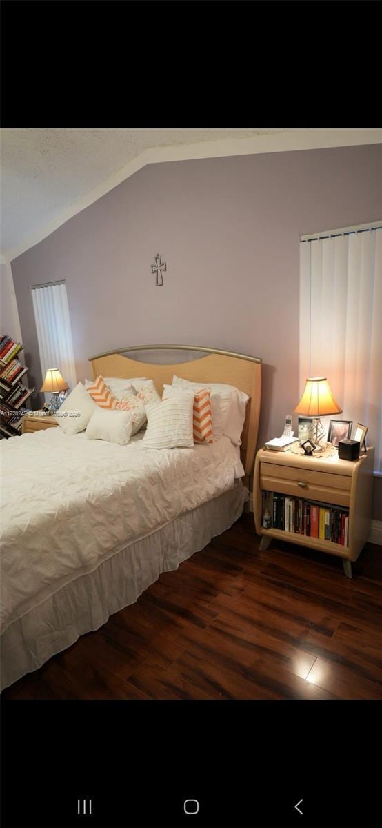 bedroom with dark hardwood / wood-style floors and lofted ceiling