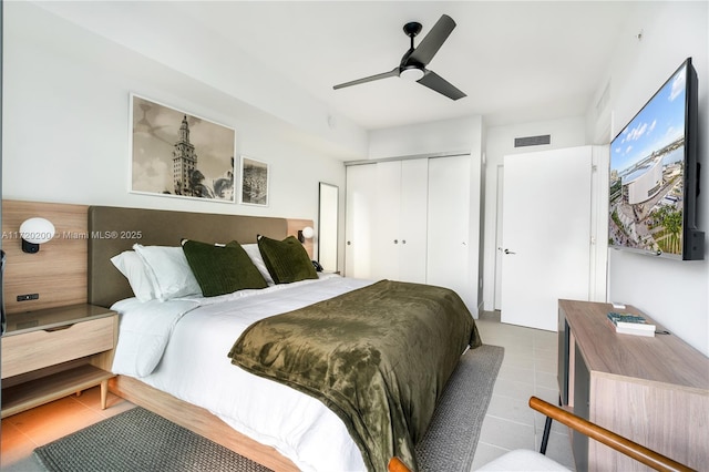 bedroom featuring ceiling fan and a closet