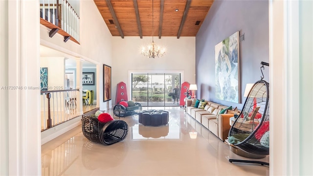 1524 39th St, West Palm Beach, FL 33407 - living room featuring wooden ceiling, a high ceiling, a chandelier, ornate columns, and beam ceiling