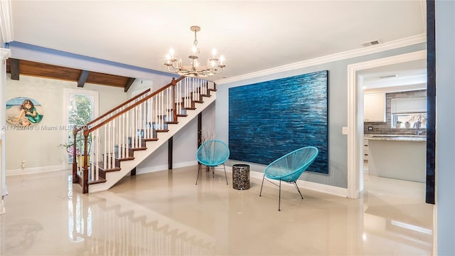1524 39th St, West Palm Beach, FL 33407 - sitting room featuring a chandelier, stairs, tile patterned floors, healthy amount of natural light, and beamed ceiling