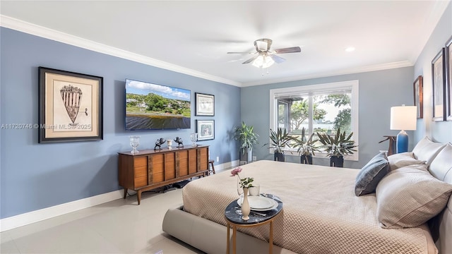 1524 39th St, West Palm Beach, FL 33407 - bedroom with baseboards, ornamental molding, ceiling fan, recessed lighting, and tile patterned floors