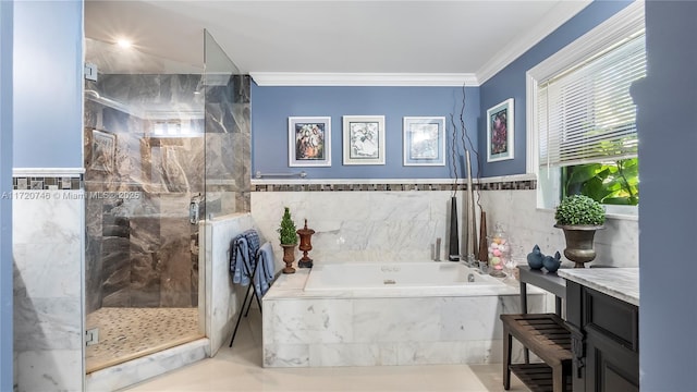 1524 39th St, West Palm Beach, FL 33407 - bathroom with a garden tub, a marble finish shower, crown molding, vanity, and tile patterned floors