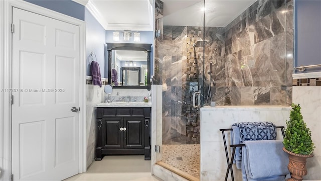 1524 39th St, West Palm Beach, FL 33407 - bathroom featuring ornamental molding, vanity, and a marble finish shower