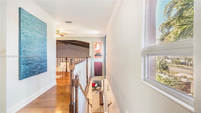 1524 39th St, West Palm Beach, FL 33407 - hall with an upstairs landing, ornamental molding, and wood finished floors