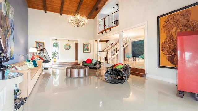 1524 39th St, West Palm Beach, FL 33407 - foyer with wood ceiling, a chandelier, stairs, and high vaulted ceiling