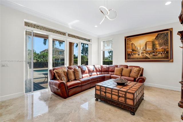 living room with crown molding