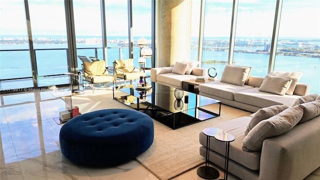 living area with a water view