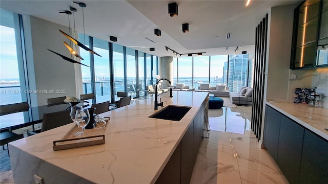 kitchen featuring a spacious island, a wall of windows, and sink