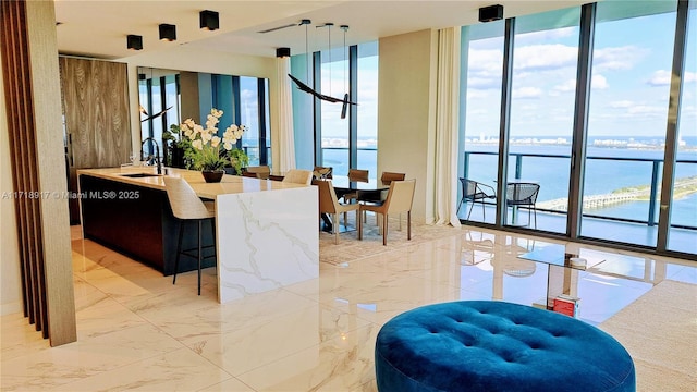 dining space with a water view, marble finish floor, and a healthy amount of sunlight