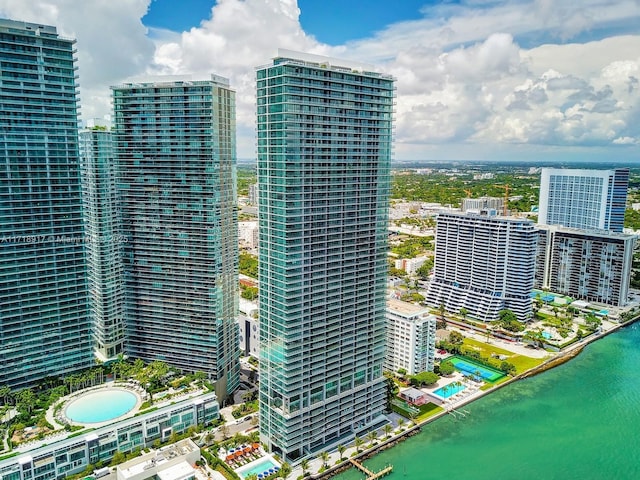 drone / aerial view featuring a water view