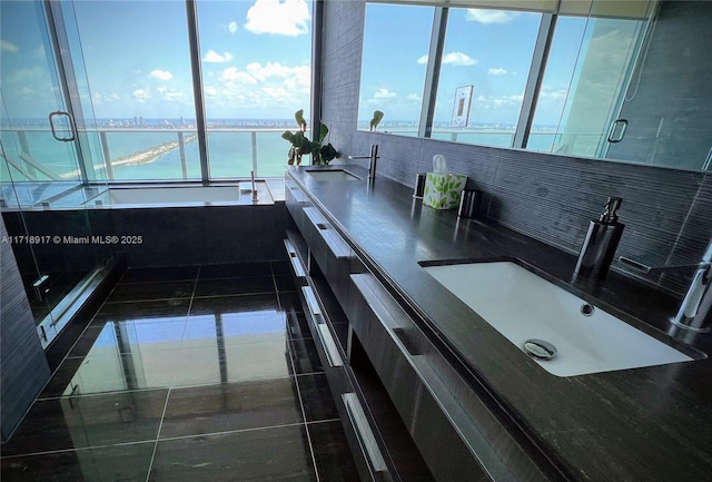 full bath featuring tasteful backsplash, a sink, a stall shower, and a water view