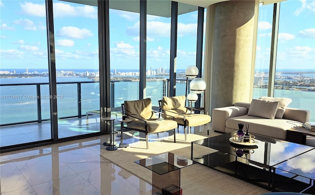 living room with a wall of windows and plenty of natural light