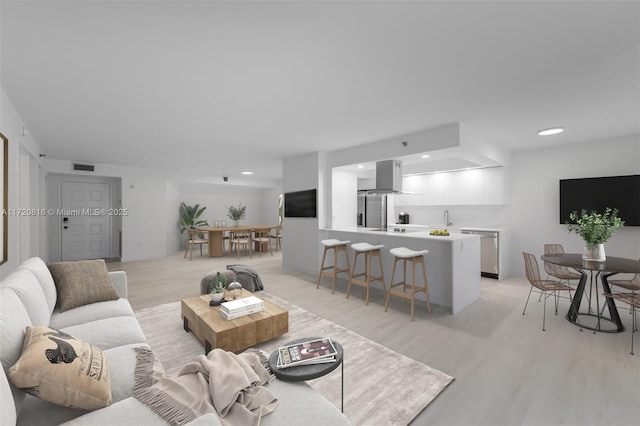 living room with light hardwood / wood-style floors and sink