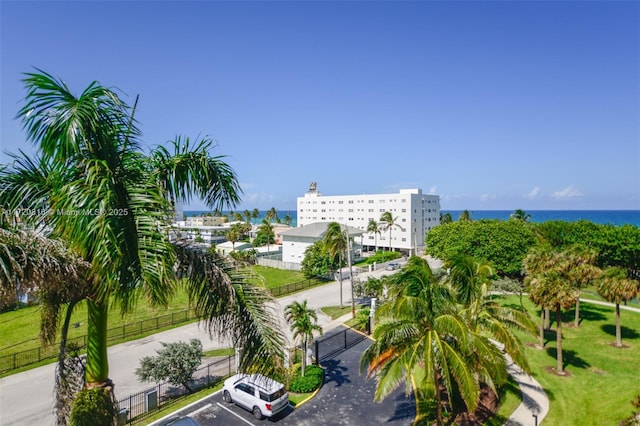 birds eye view of property with a water view