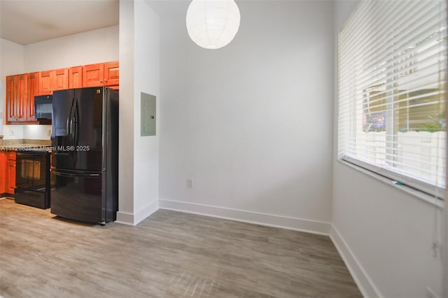 kitchen with electric panel, light hardwood / wood-style flooring, and black appliances