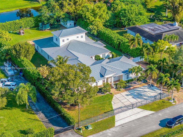 bird's eye view with a water view