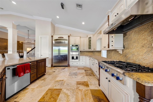 kitchen with backsplash, vaulted ceiling, ornamental molding, range hood, and appliances with stainless steel finishes