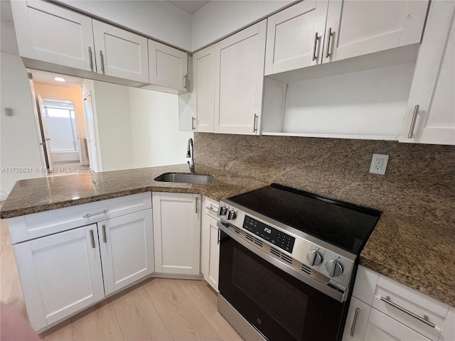 kitchen featuring white cabinets, kitchen peninsula, stainless steel electric range oven, and sink