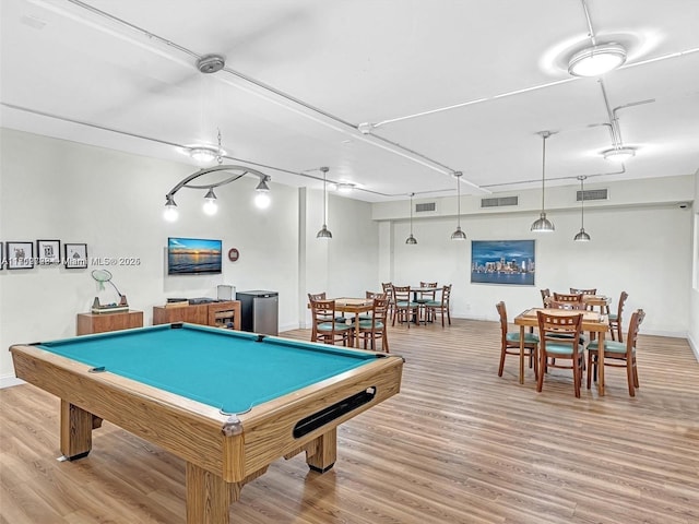 game room with light wood finished floors, billiards, and visible vents