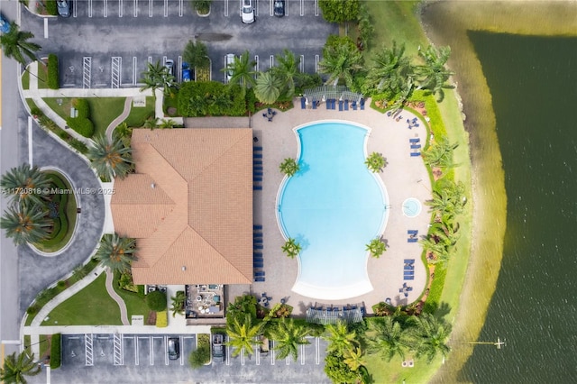 aerial view featuring a water view