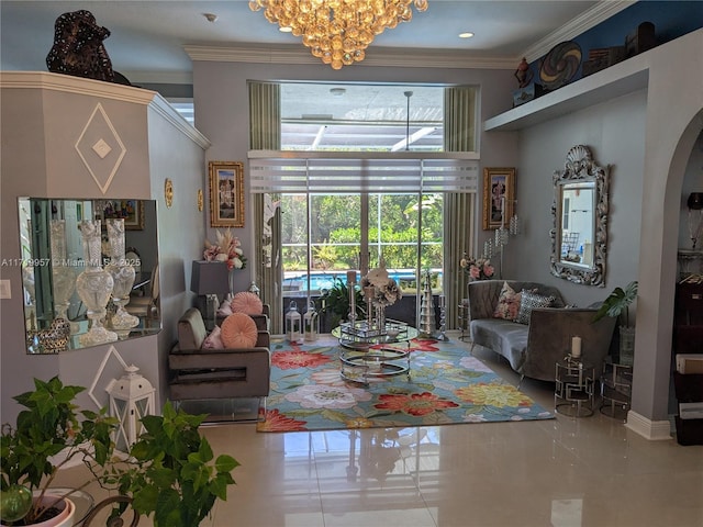 interior space featuring an inviting chandelier and crown molding