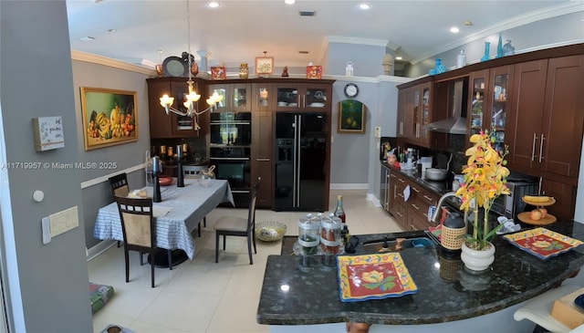 kitchen featuring light tile patterned flooring, black appliances, a notable chandelier, and ornamental molding