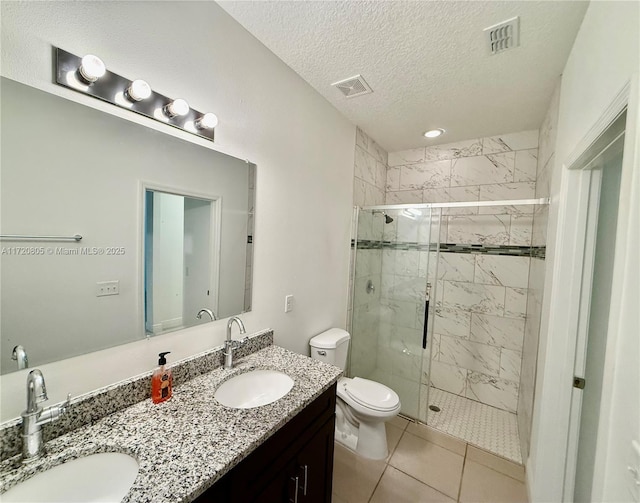 bathroom with walk in shower, tile patterned floors, a textured ceiling, toilet, and vanity