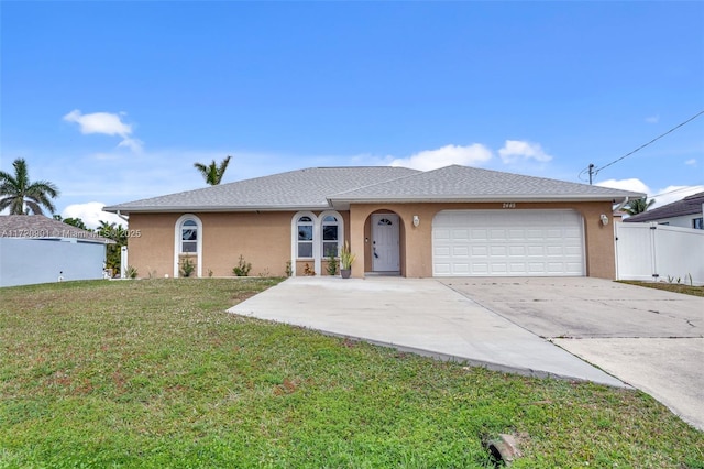 single story home featuring a garage and a front lawn