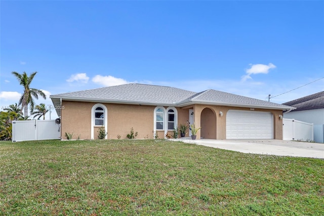 single story home with a garage and a front lawn