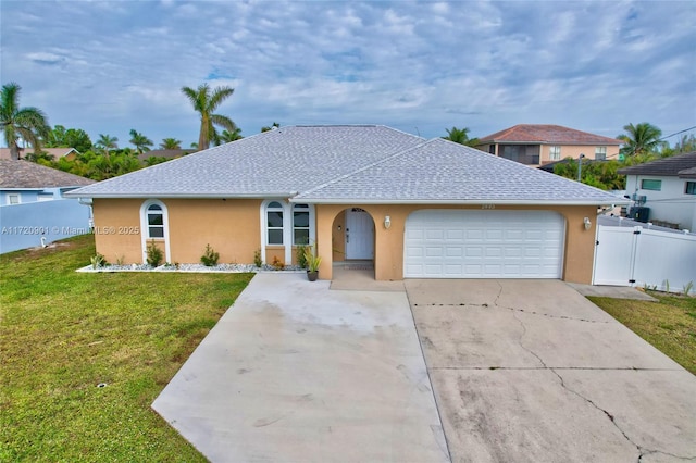 single story home featuring a garage and a front yard