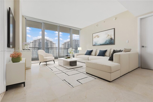 living room with floor to ceiling windows