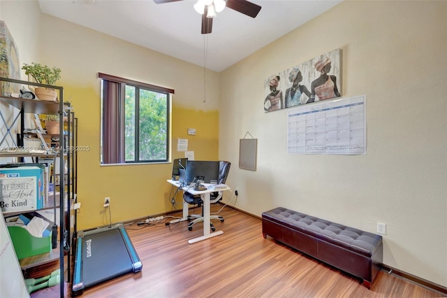 exercise area with ceiling fan and hardwood / wood-style floors