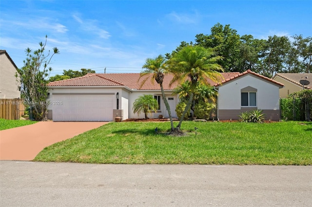 mediterranean / spanish home featuring a garage and a front lawn