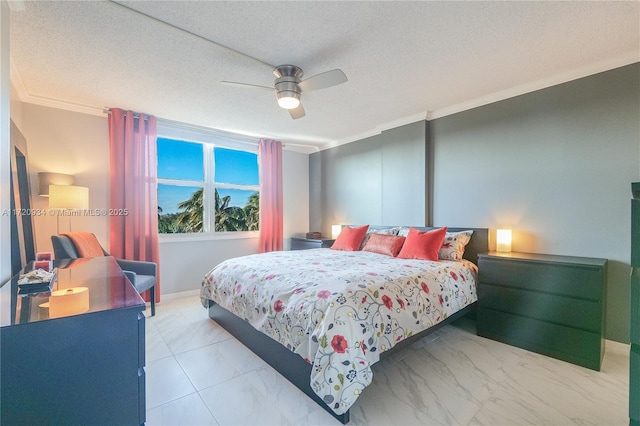 bedroom with ceiling fan, a textured ceiling, and ornamental molding