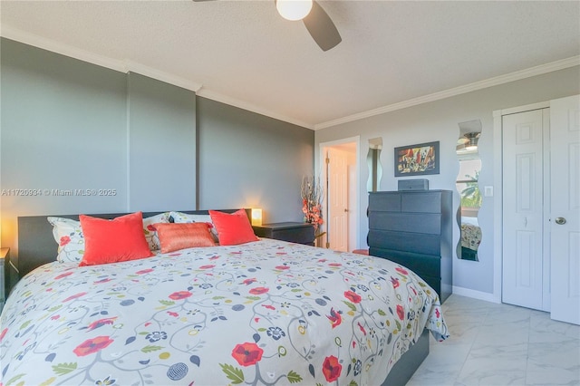 bedroom featuring a closet, ceiling fan, and crown molding