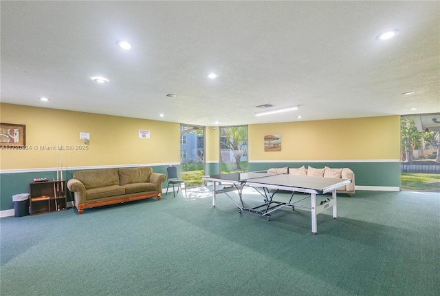 playroom with carpet flooring and a textured ceiling