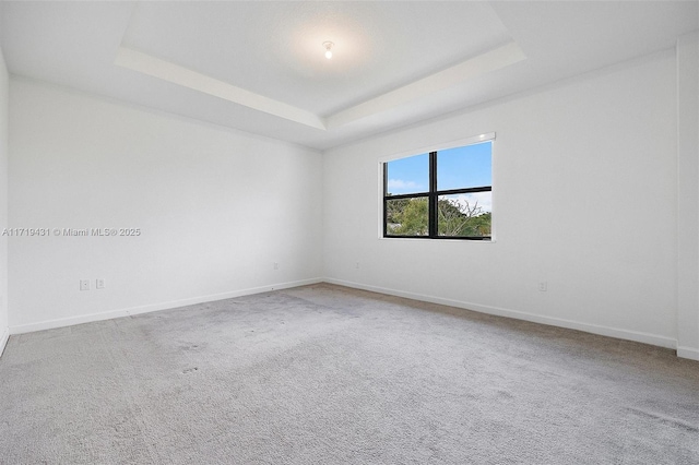 carpeted spare room featuring a tray ceiling