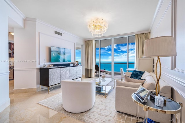 17875 Collins Ave Unit 3404, Sunny Isles Beach, FL 33160 - living area featuring crown molding, a chandelier, and floor to ceiling windows