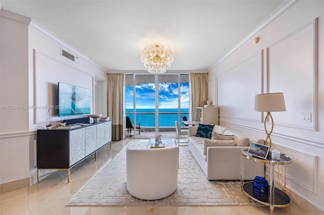 17875 Collins Ave Unit 3404, Sunny Isles Beach, FL 33160 - living area with ornamental molding, a chandelier, expansive windows, tile patterned flooring, and a decorative wall