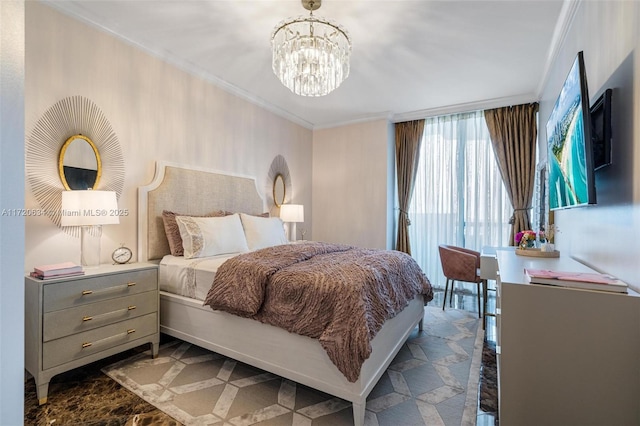 bedroom with an inviting chandelier, floor to ceiling windows, and ornamental molding