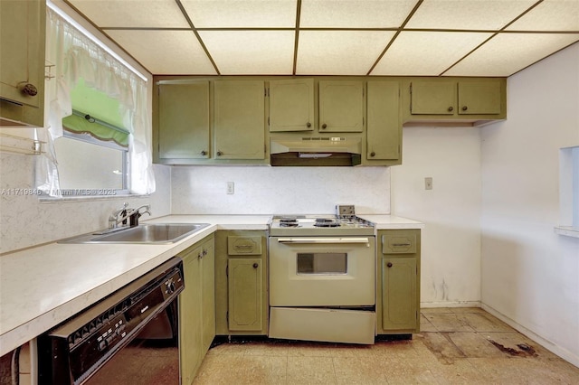 kitchen with a paneled ceiling, green cabinets, white range, sink, and black dishwasher