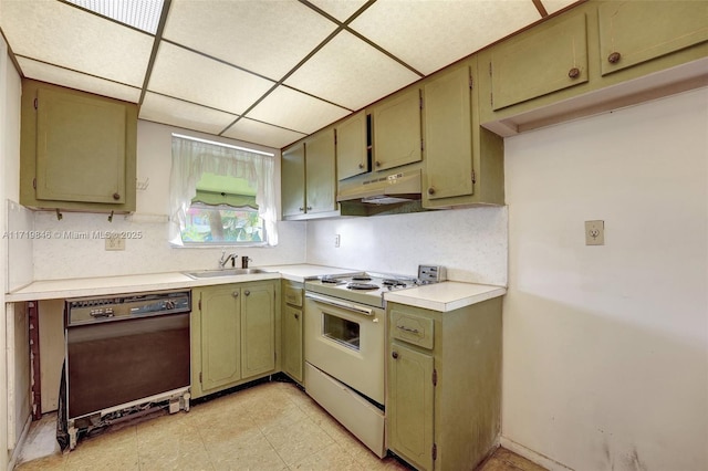 kitchen featuring a paneled ceiling, dishwasher, white stove, sink, and green cabinetry