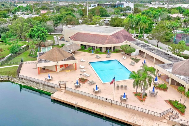 birds eye view of property featuring a water view