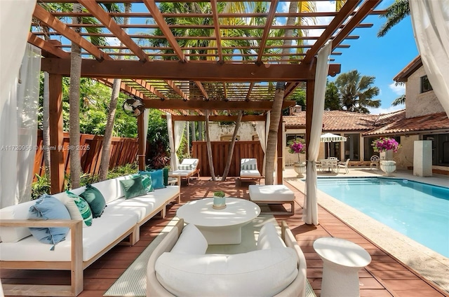 view of pool with a fenced in pool, fence, outdoor lounge area, and a pergola