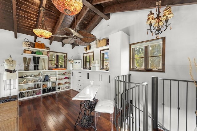 sitting room featuring vaulted ceiling with beams, wooden ceiling, wood finished floors, and an upstairs landing