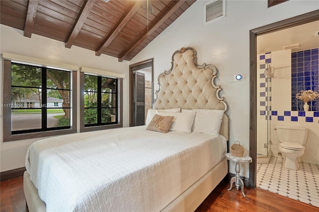 bedroom with dark wood finished floors, vaulted ceiling with beams, visible vents, ensuite bath, and wooden ceiling