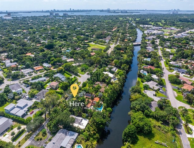 aerial view with a water view and a residential view