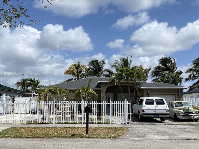 view of front of property with driveway, stucco siding, an attached garage, and a fenced front yard
