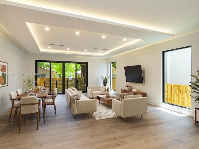 living room featuring light wood-type flooring and a raised ceiling